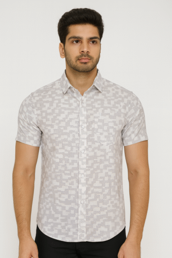 Men’s Light Grey Geometric Printed Cotton Casual Short Sleeve Shirt