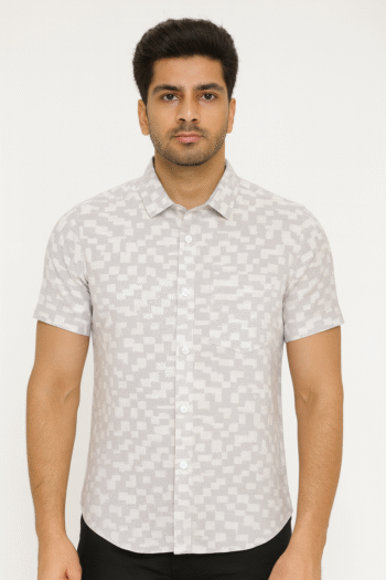 Men’s Grey Pixel Pattern Cotton Casual Short Sleeve Shirt