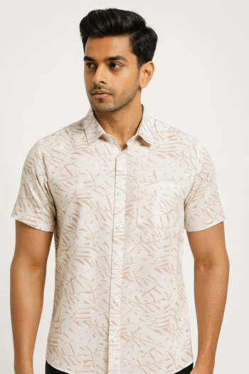 Men’s Beige Abstract Printed Cotton Casual Short Sleeve Shirt