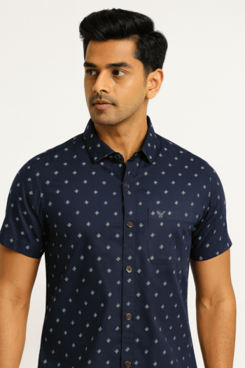 Men’s Navy Blue Micro Diamond Printed Cotton Short Sleeve Shirt