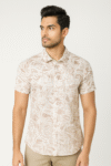 Men’s Cream Beige Abstract Printed Cotton Short Sleeve Shirt