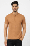 Men’s Mandarin Collar Textured Brown Polo T-Shirt