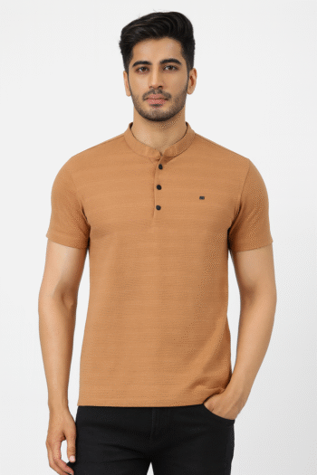 Men’s Mandarin Collar Textured Brown Polo T-Shirt