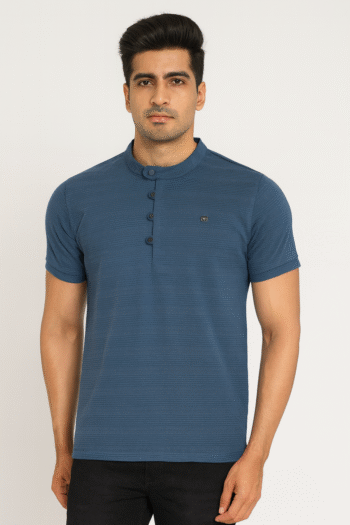 Men’s Blue Mandarin Collar Textured T-Shirt