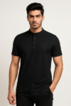 Men’s Black Mandarin Collar Textured T-Shirt