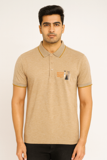 Men’s Beige Polo T-Shirt with Printed Chest Design
