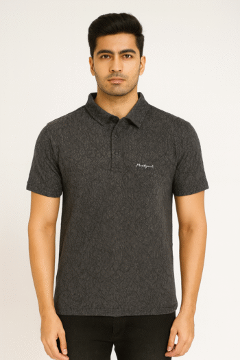 Men’s Charcoal Textured Polo T-Shirt with Subtle Print