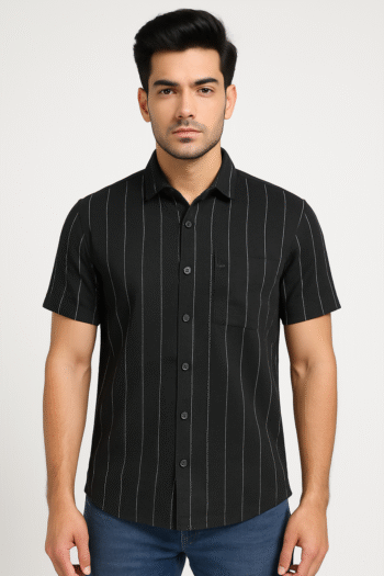 Men’s Black Pinstripe Cotton Short Sleeve Shirt