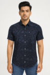 Men’s Navy Blue Floral Printed Cotton Short Sleeve Shirt