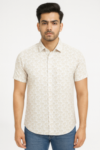 Men’s Beige Floral Printed Cotton Short Sleeve Shirt