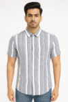 Men’s Grey & White Vertical Striped Cotton Short Sleeve Shirt