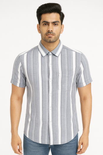 Men’s Grey & White Vertical Striped Cotton Short Sleeve Shirt