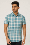 Men’s Teal Blue & White Checked Cotton Casual Short Sleeve Shirt