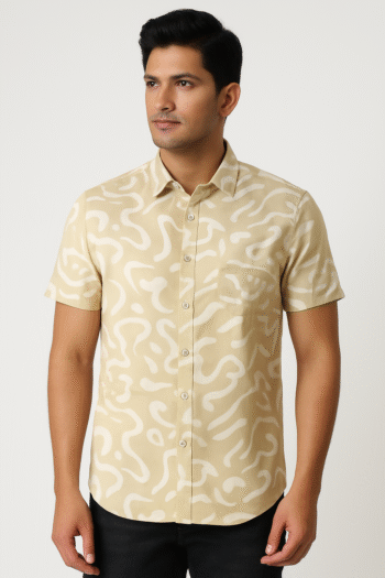 Men’s Beige Abstract Printed Cotton Casual Short Sleeve Shirt