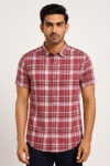 Men’s Maroon & White Checked Cotton Casual Short Sleeve Shirt