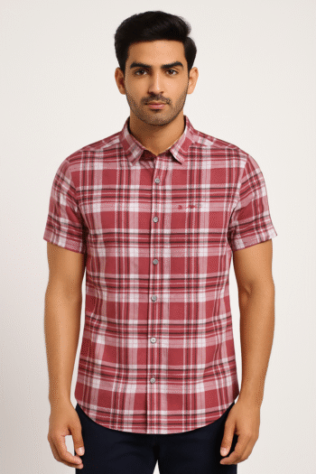 Men’s Maroon & White Checked Cotton Casual Short Sleeve Shirt