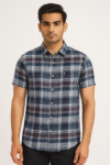 Men’s Navy Blue & Maroon Checked Cotton Casual Short Sleeve Shirt