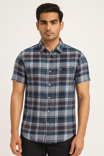 Men’s Navy Blue & Maroon Checked Cotton Casual Short Sleeve Shirt