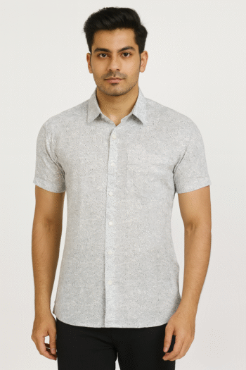 Men's Light Grey Printed Cotton Short Sleeve Shirt