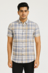 Men's Beige & Blue Checkered Cotton Casual Short Sleeve Shirt