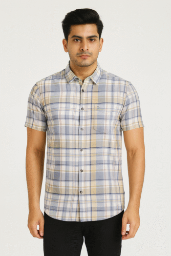 Men's Beige & Blue Checkered Cotton Casual Short Sleeve Shirt