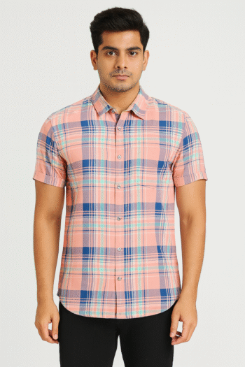 Men's Peach & Blue Checkered Cotton Casual Short Sleeve Shirt
