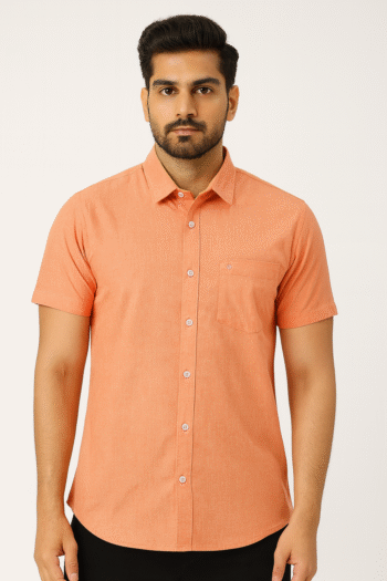 Men's Solid Orange Cotton Casual Short Sleeve Shirt