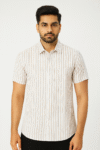 Men's White & Beige Striped Cotton Casual Short Sleeve Shirt