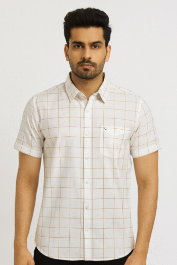 Men's White & Beige Checked Cotton Casual Short Sleeve Shirt