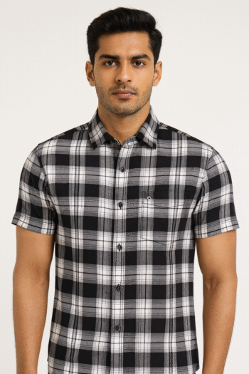 Men's Black & White Checked Cotton Casual Short Sleeve Shirt