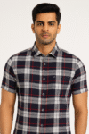 Men's Navy Blue, Grey & Red Checked Cotton Casual Short Sleeve Shirt