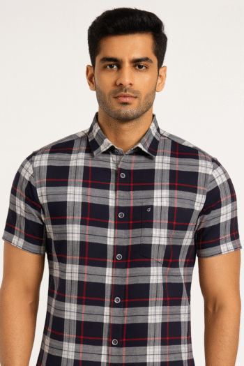 Men's Navy Blue, Grey & Red Checked Cotton Casual Short Sleeve Shirt