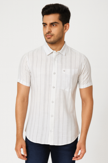 Men's White Vertical Striped Cotton Casual Short Sleeve Shirt