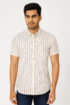 Men's Beige & Brown Vertical Striped Cotton Casual Short Sleeve Shirt