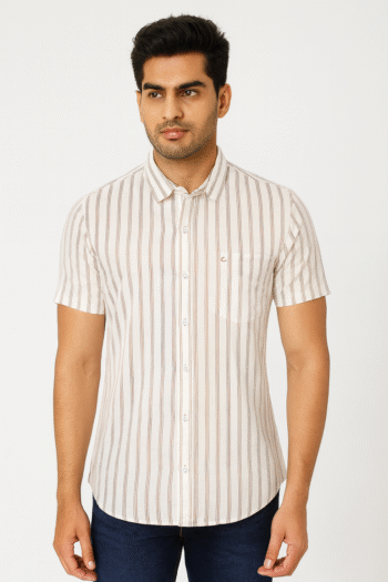Men's Beige & Brown Vertical Striped Cotton Casual Short Sleeve Shirt