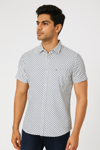 Men's White & Blue Polka Dot Printed Cotton Casual Short Sleeve Shirt