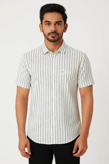 Men’s White & Green Vertical Striped Cotton Casual Short Sleeve Shirt