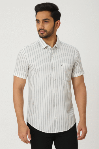Men’s White & Black Vertical Striped Cotton Casual Short Sleeve Shirt