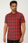 Men’s Red & Navy Blue Checked Cotton Casual Short Sleeve Shirt