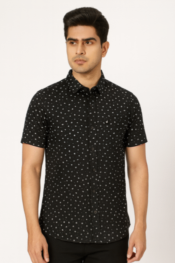Men’s Black Printed Cotton Casual Short Sleeve Shirt