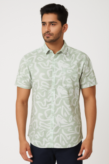 Men’s Light Green Abstract Printed Cotton Casual Short Sleeve Shirt