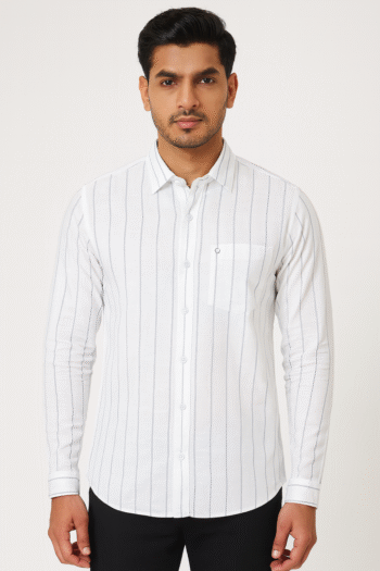 Men’s White & Grey Striped Long Sleeve Casual Shirt