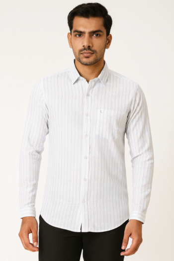 Men’s White & Blue Pinstripe Long Sleeve Shirt