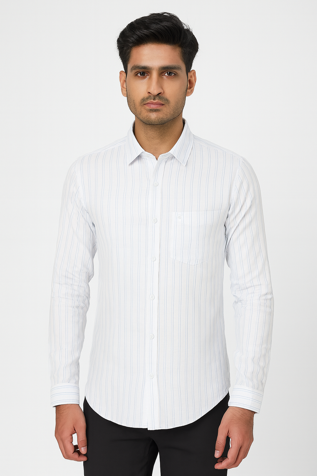Men’s White & Sky Blue Striped Long Sleeve Shirt