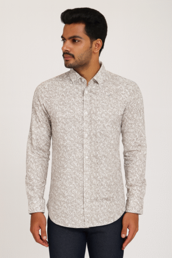 Men’s Beige Textured Printed Long Sleeve Shirt