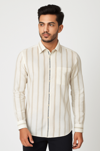 Men’s Cream & Beige Striped Long Sleeve Shirt