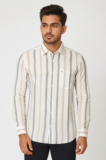 Men’s Beige & Grey Striped Long Sleeve Shirt