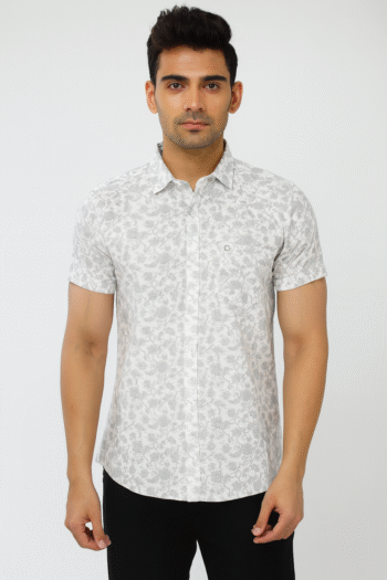 Men’s White & Grey Floral Printed Cotton Casual Short Sleeve Shirt