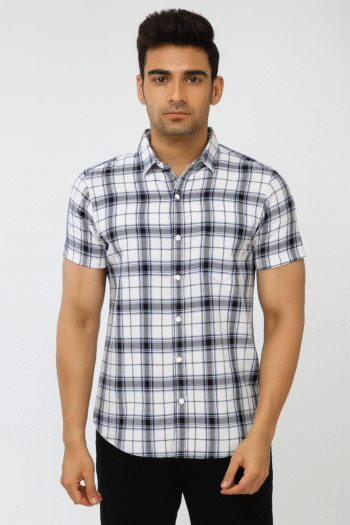 Men’s White & Black Checked Cotton Casual Short Sleeve Shirt