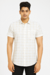 Men’s White and Beige Checkered Short Sleeve Shirt